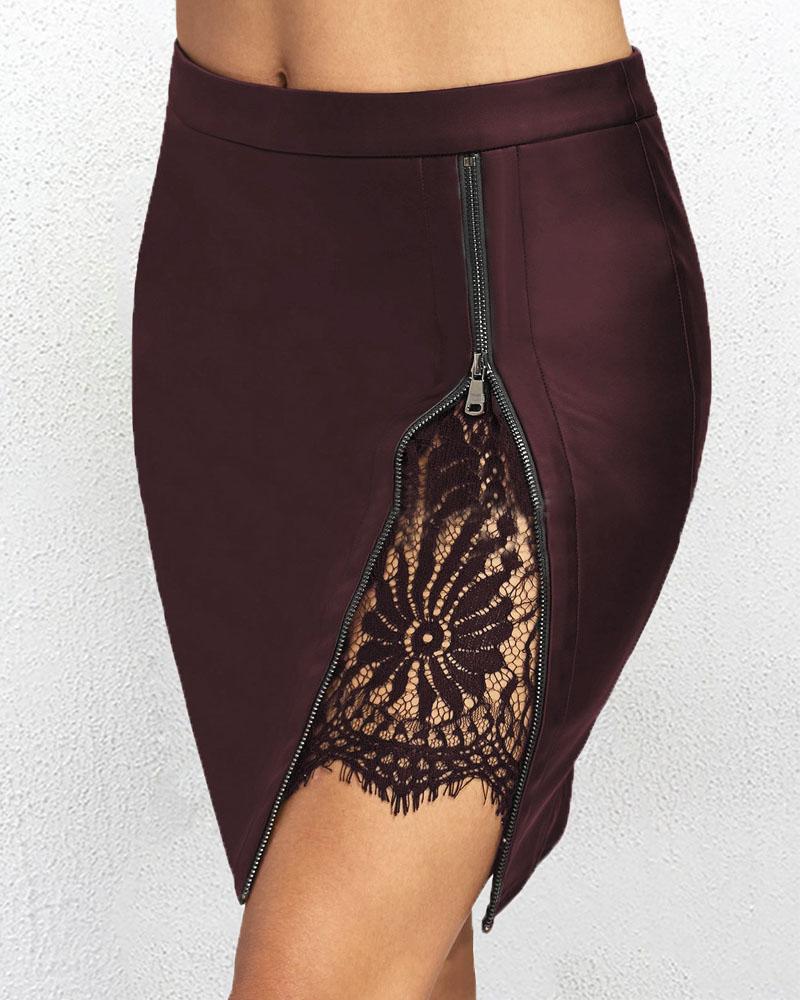 Faux Leather Lace Trim Zipper Mini Skirt