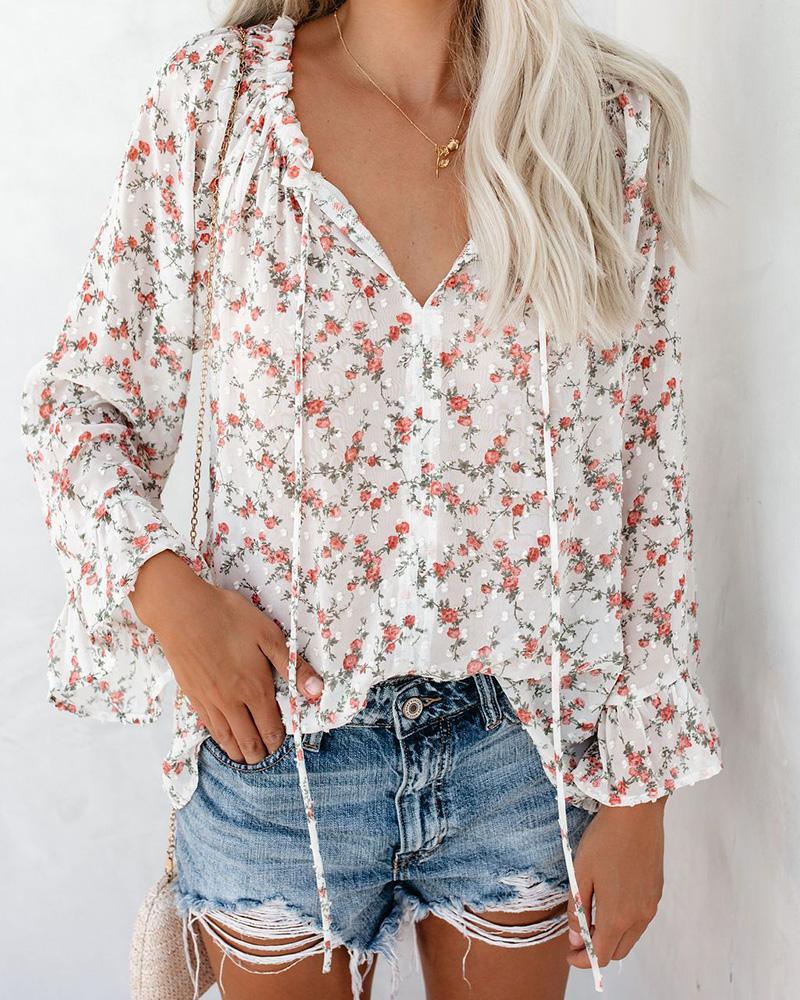 Outlet26 Floral Print Ruffles Cuff Casual Blouse white