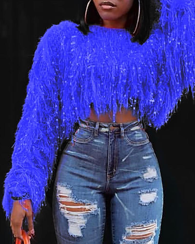 Solid Round Neck Fringed Fluffy Crop Sweater