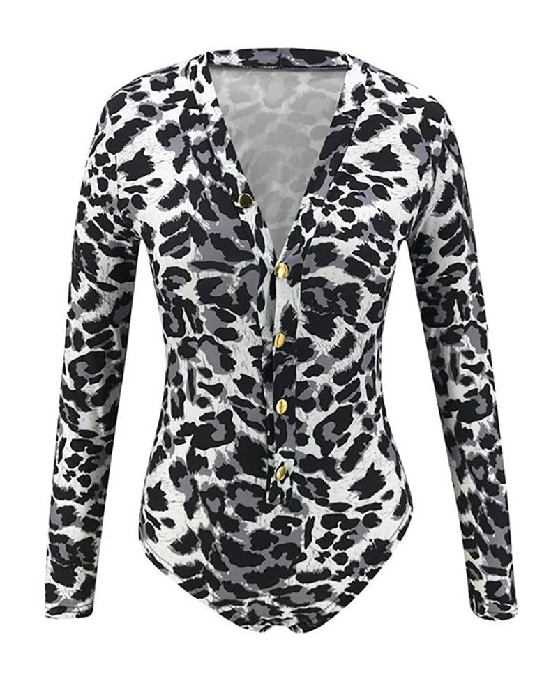 Leopard Print Plunge Buttoned Bodysuit