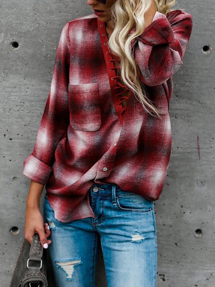 Trendy Tartan Lace-up Casual Blouse