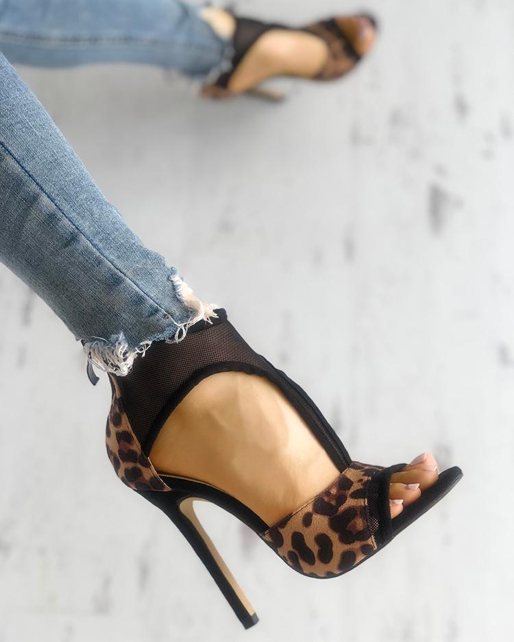 Leopard Mesh Thin Heeled Sandals