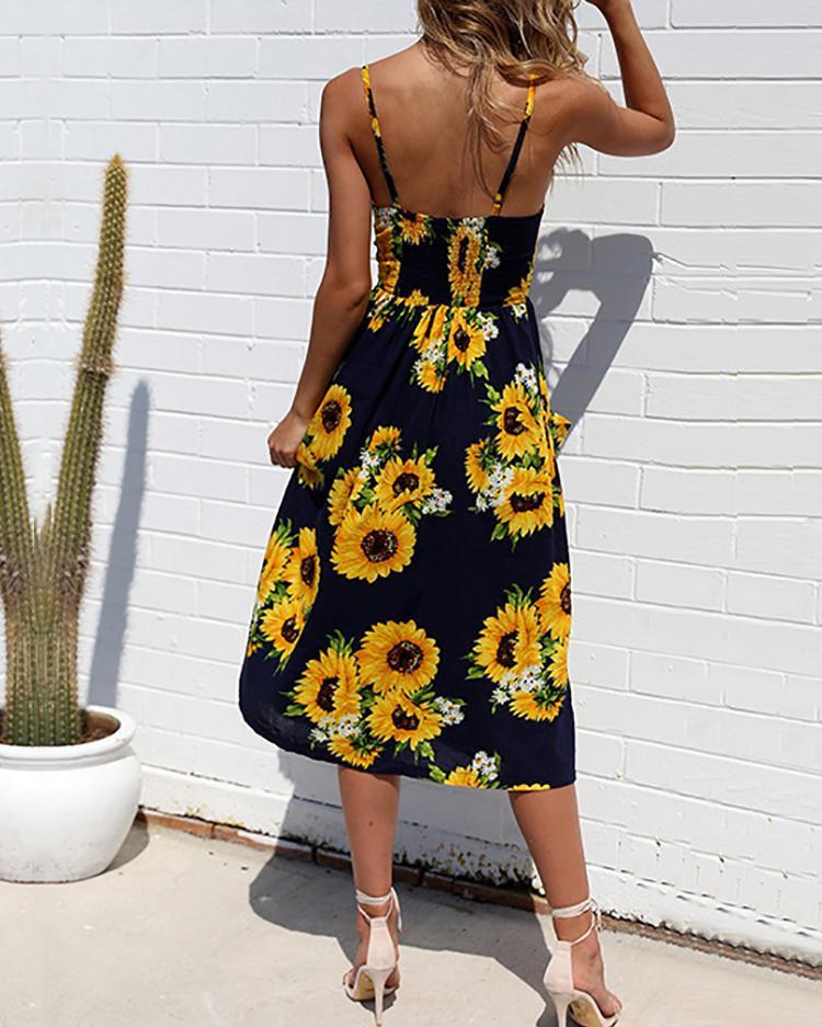 Sunflower Pattern Sweet Midi Dress
