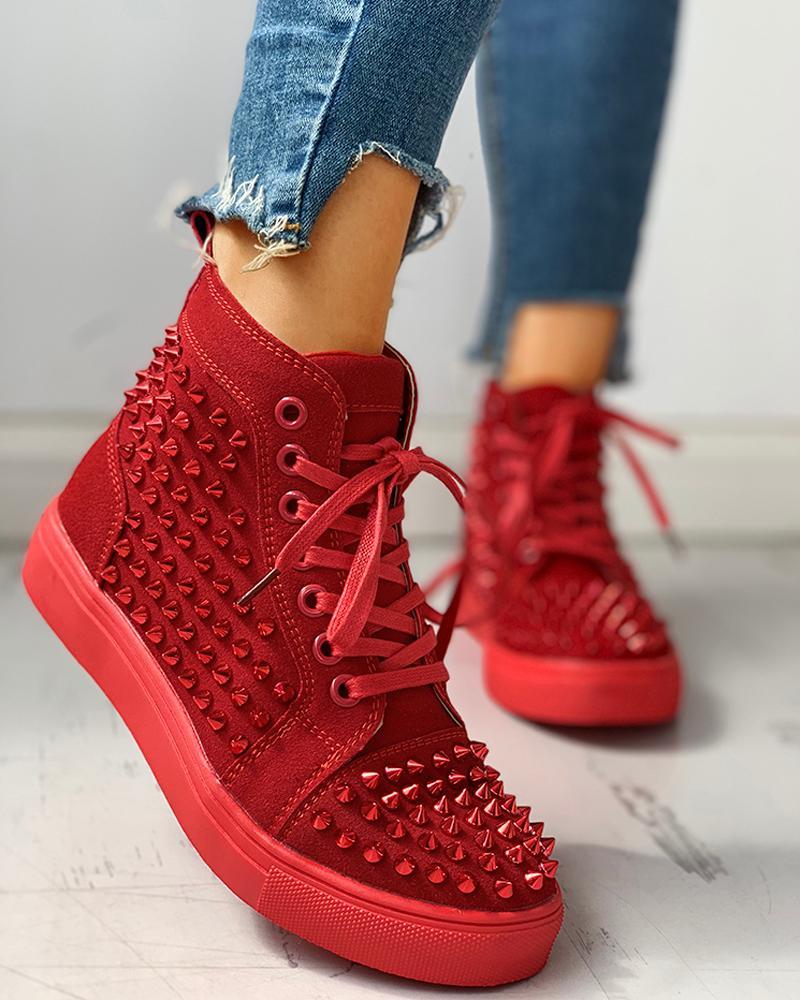 Outlet26 Solid Studded Eyelet Lace-Up Casual Sneakers red