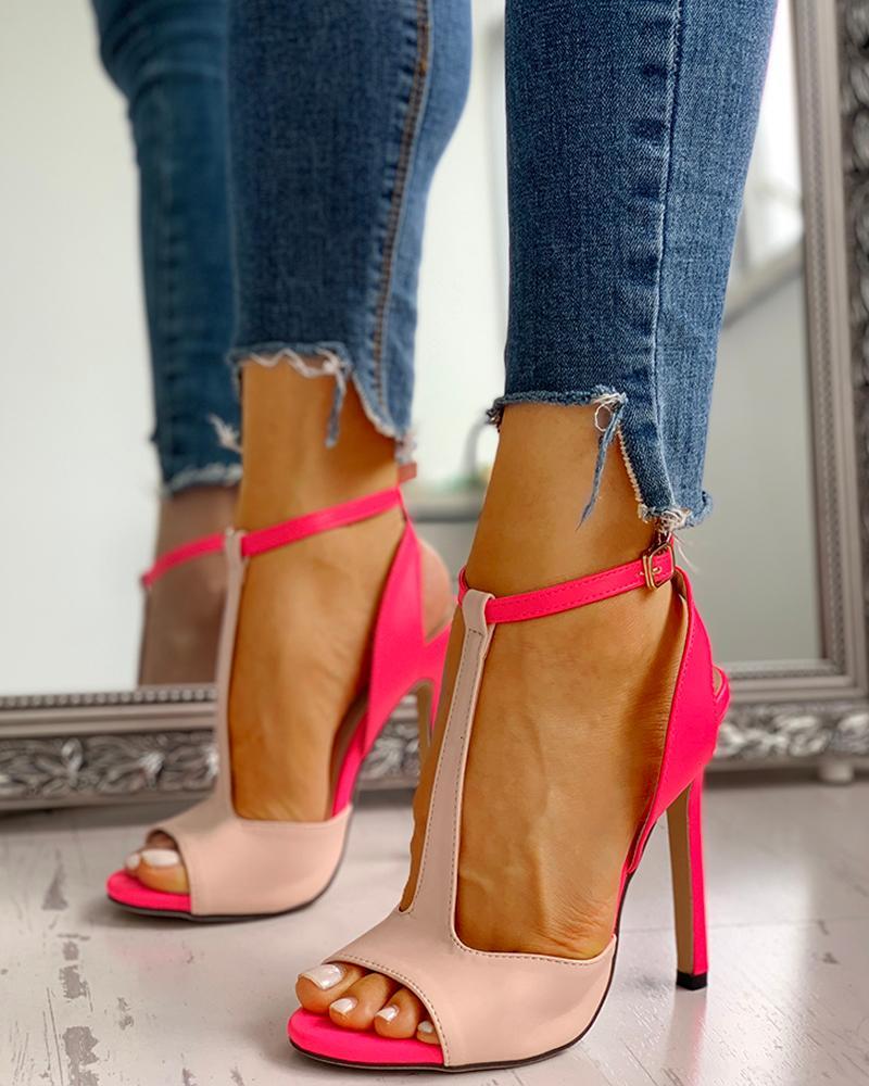 Outlet26 Peep Toe Colorblock Slingback Thin Heels hot pink
