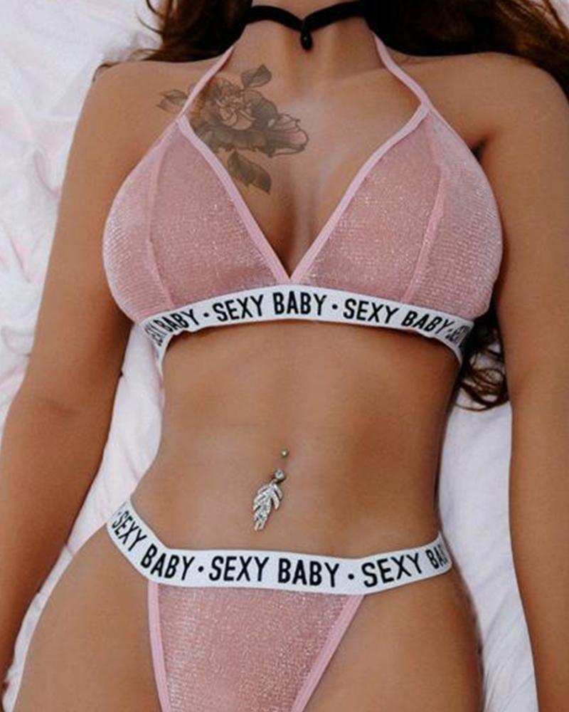 Solid Letter Banded Strap Bra With Panties Suit Sets