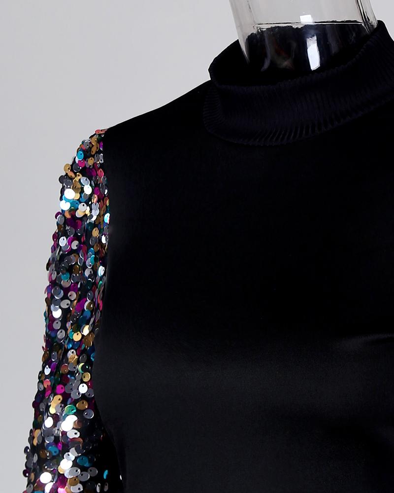 Mock Neck Lantern Sleeve Sequins Colorblock Insert Blouse
