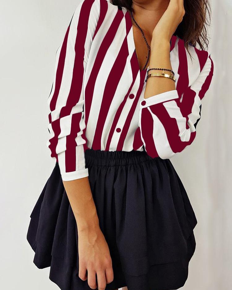 Outlet26 Stripes Button Up Long Sleeve Blouse red
