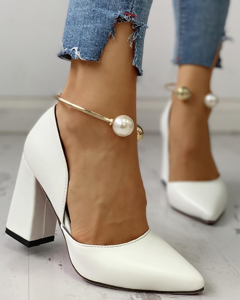 Solid Pointed Toe Beaded Chunky Heels