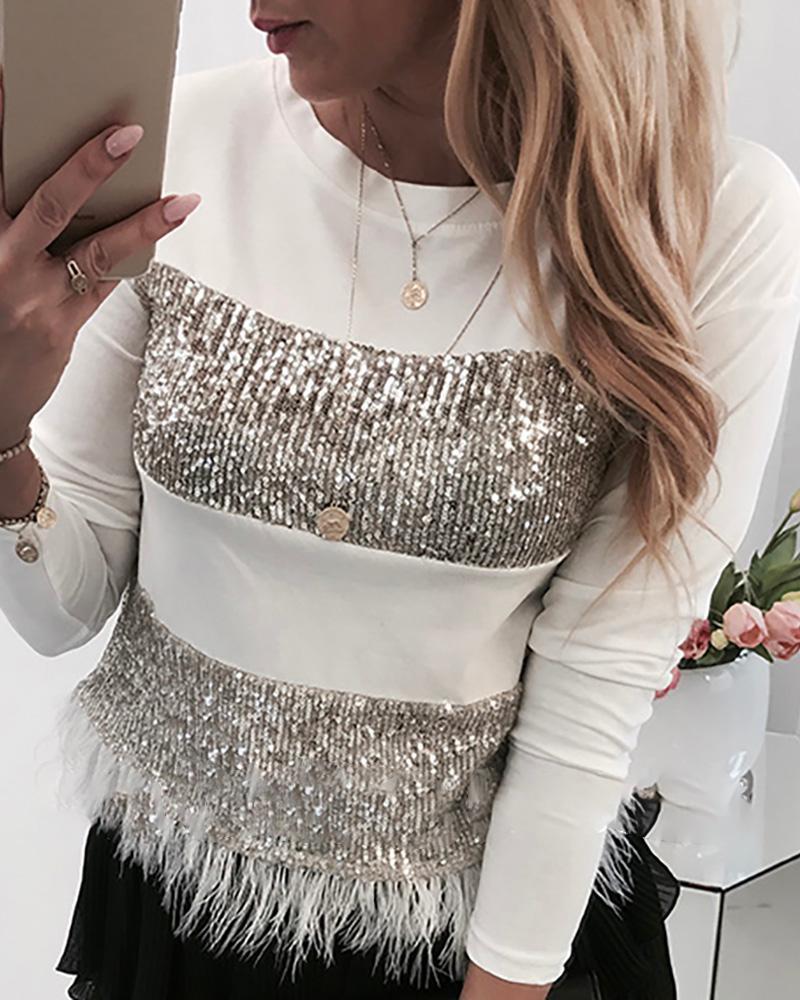 Sequin Feather Long Sleeve Blouse