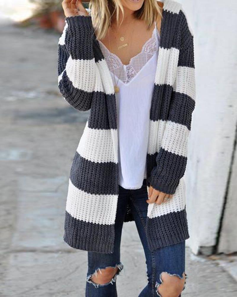 Open Front Striped Hooded Kitted Cardigan