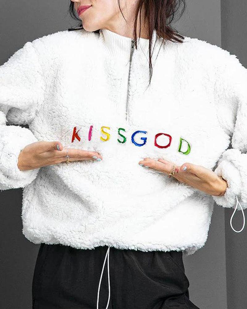 Embroidered Letter Faux Fur Sweatshirt