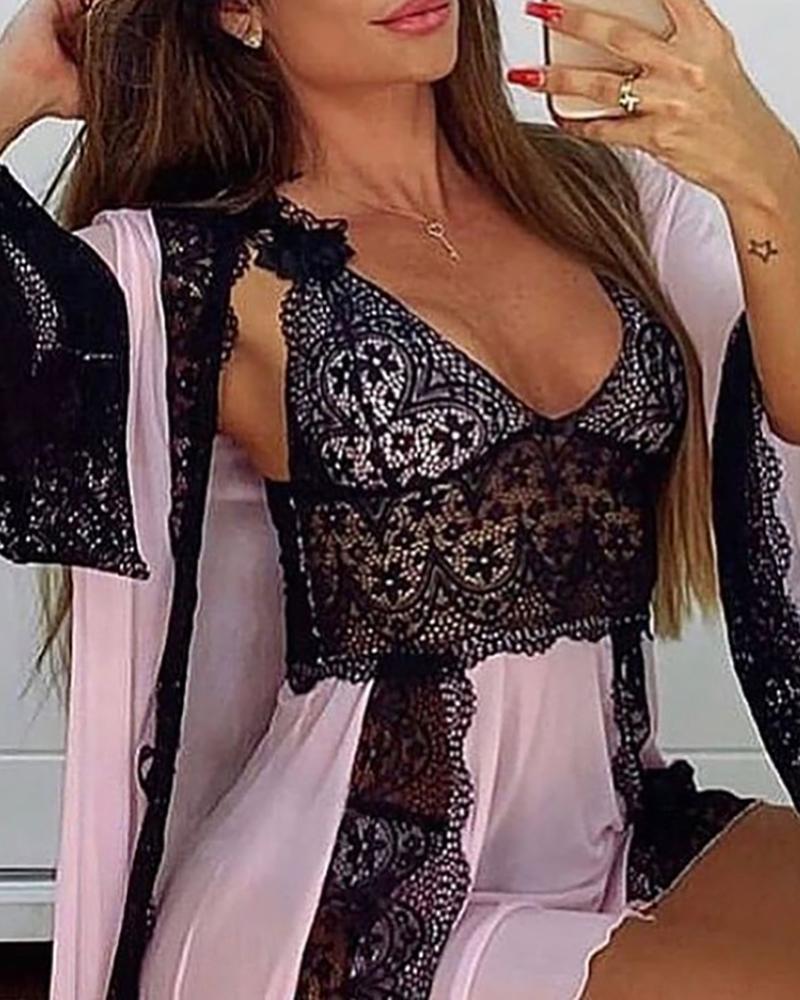 Lace Mesh Backless Babydoll With Cardigan