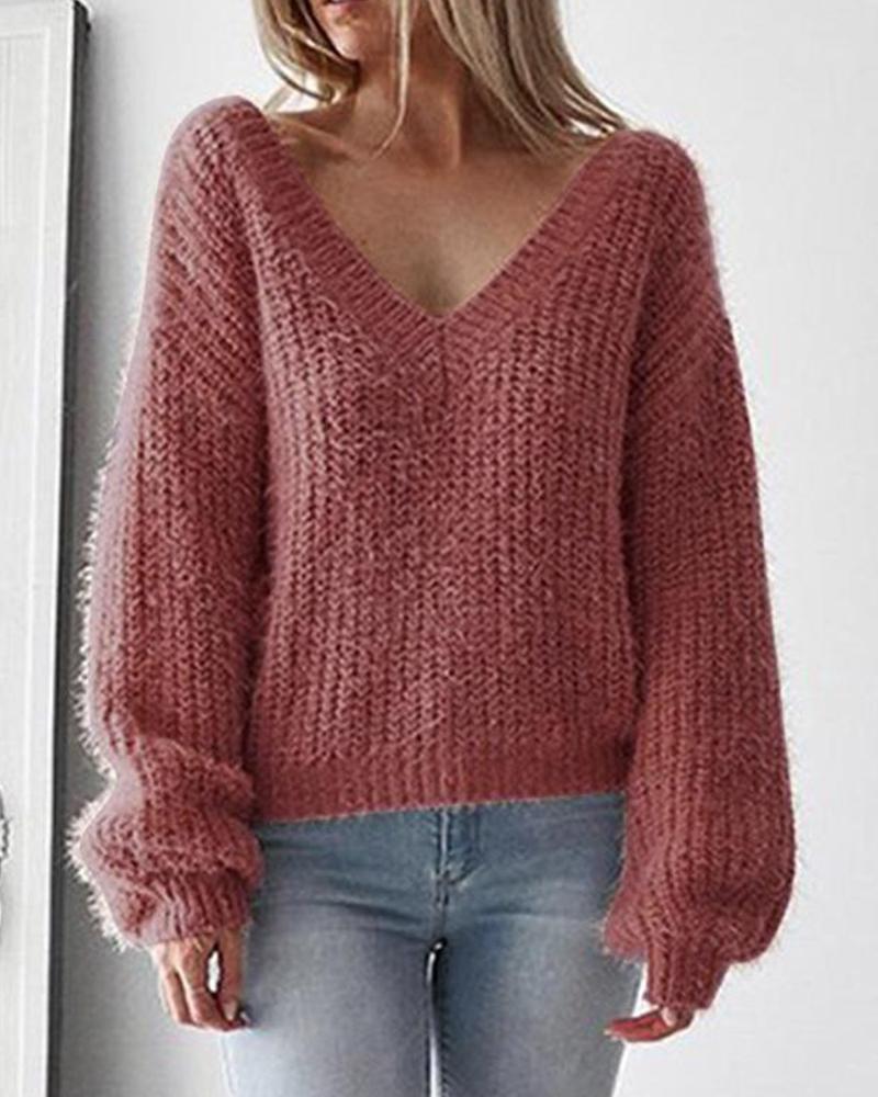Outlet26 Casual V-Neck Leak Back Loosen Long Sleeve Knitted Sweater Pullover Top Blouse pink