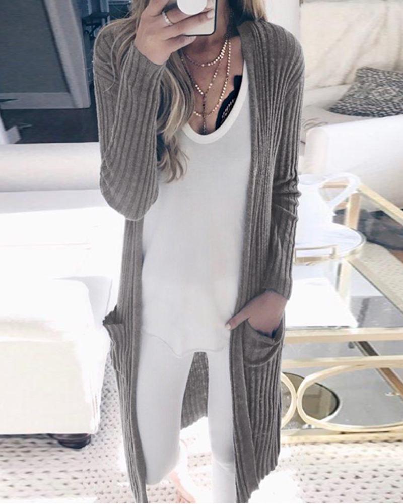 Solid Double Pocket Long Cardigan