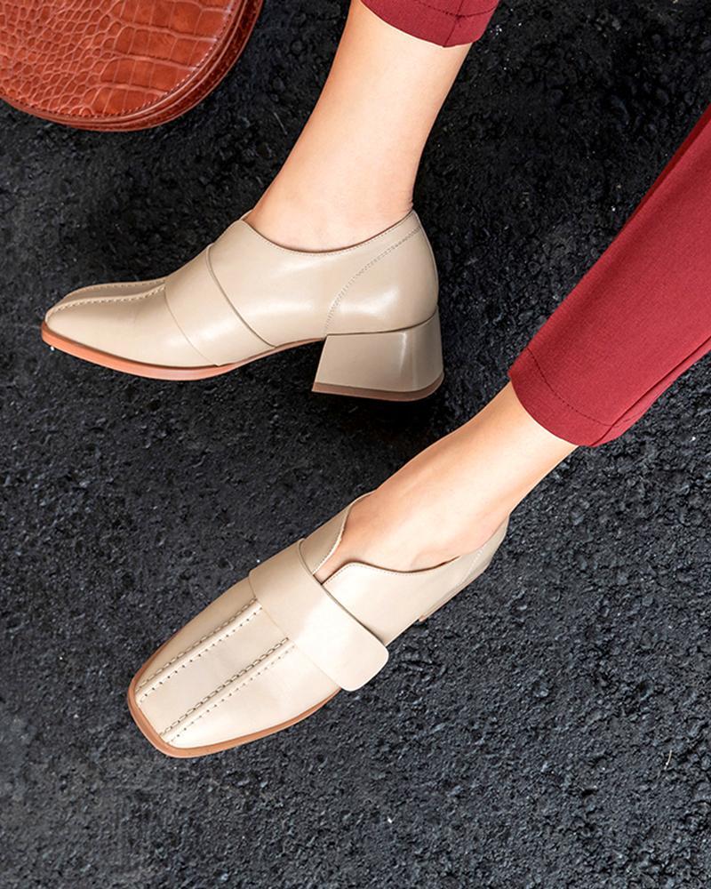 Block Heel Leather Loafers