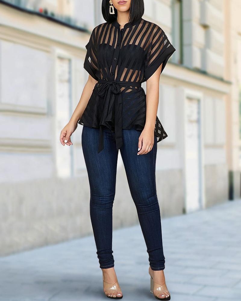 Striped See Through Buttoned Tied Waist Shirt