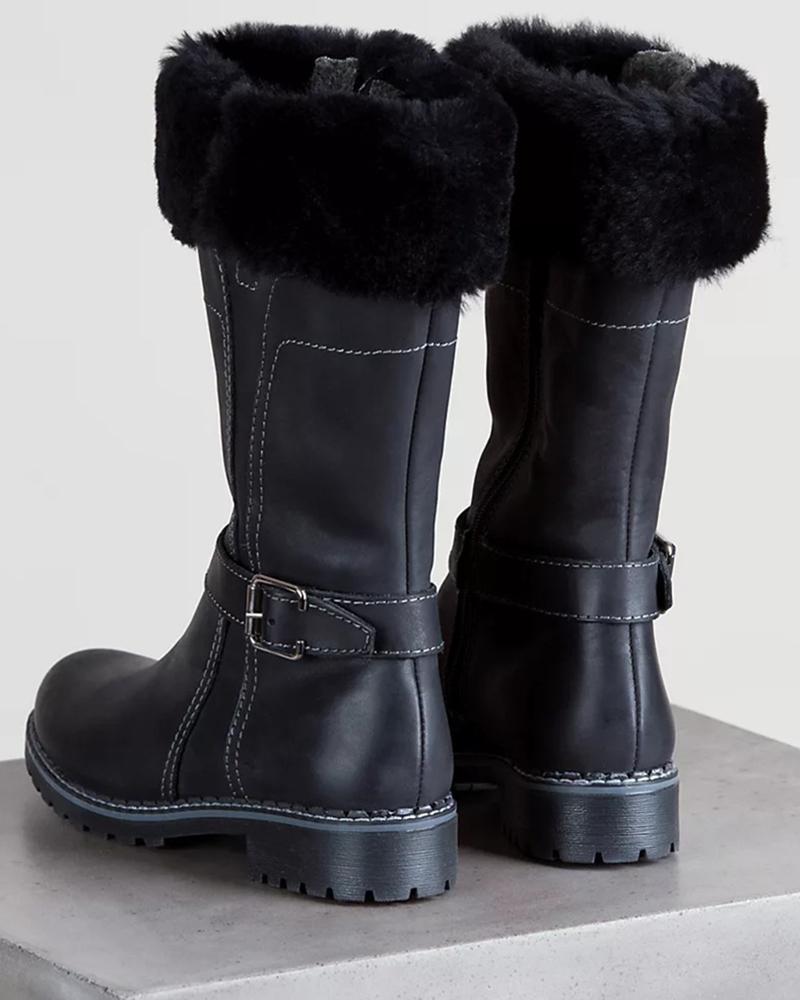 Faux Fur Lining Belted Mid Calf Boots