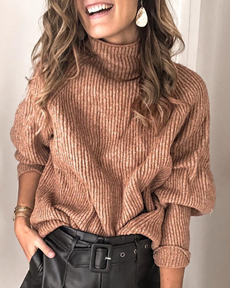 Solid High Neck Long Sleeve Ribbed Knitting Sweater