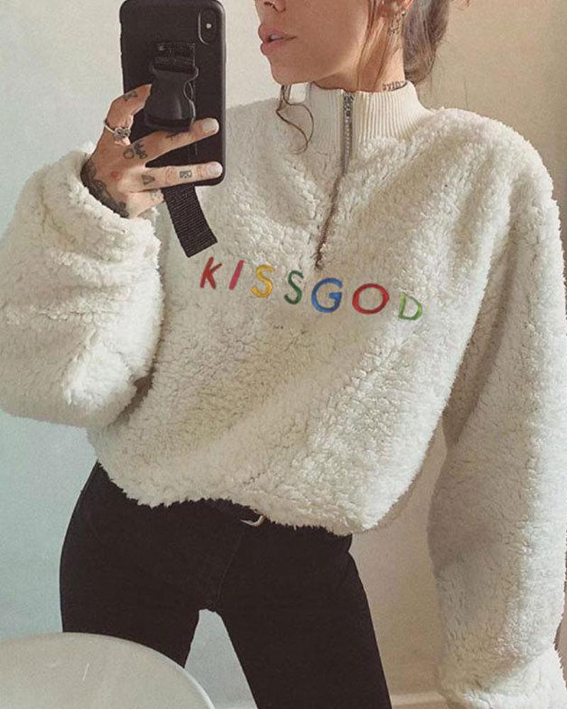 Outlet26 Faux Shearling Letter Embroidery Sweatshirt white