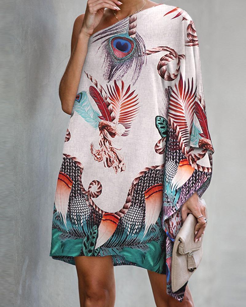 Outlet26 Peacock Print One Shoulder Casual Dress Multicolor