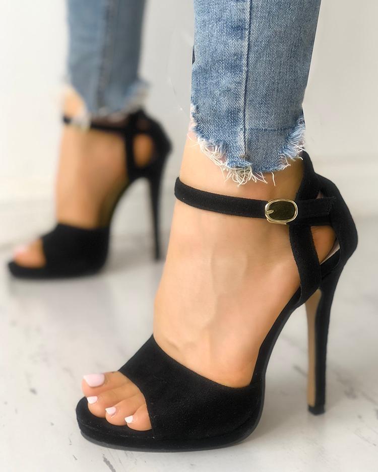 Solid Suede Buckled Cutout Thin Heeeled Sandals