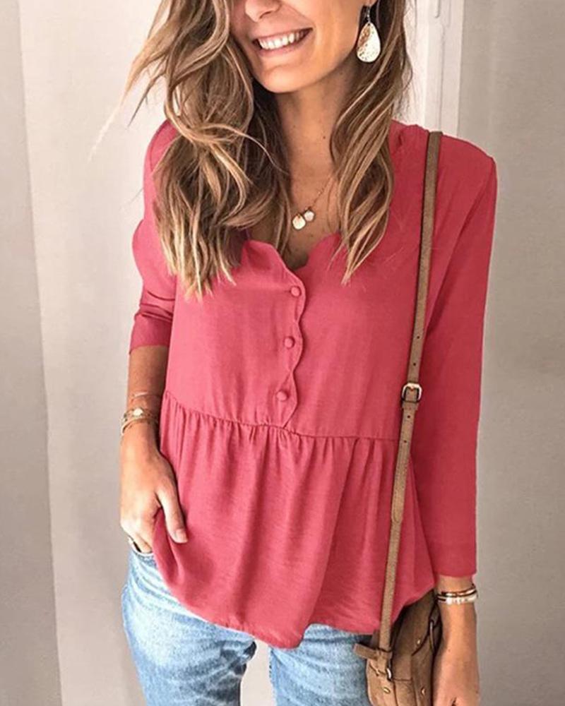 Solid Button Front Smocked Top