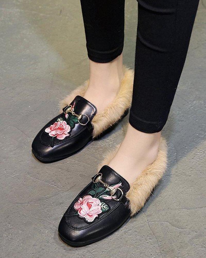 Faux Fur Slip On Embroidered Shoes