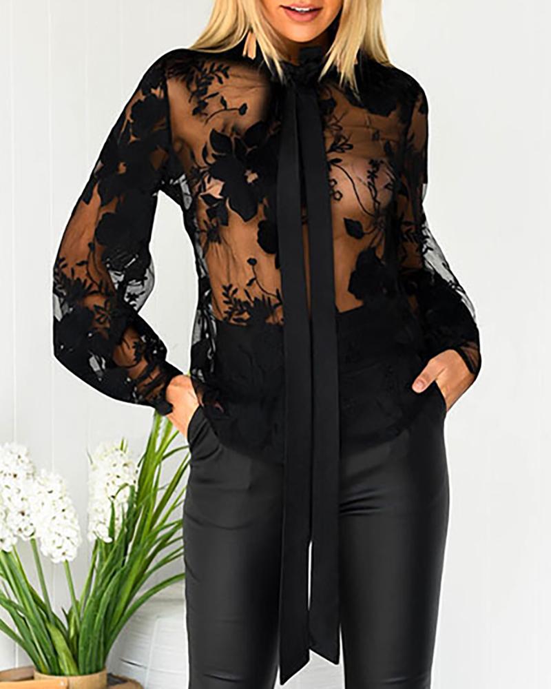 Floral Lace Embroidery See Through Tied Neck Shirt