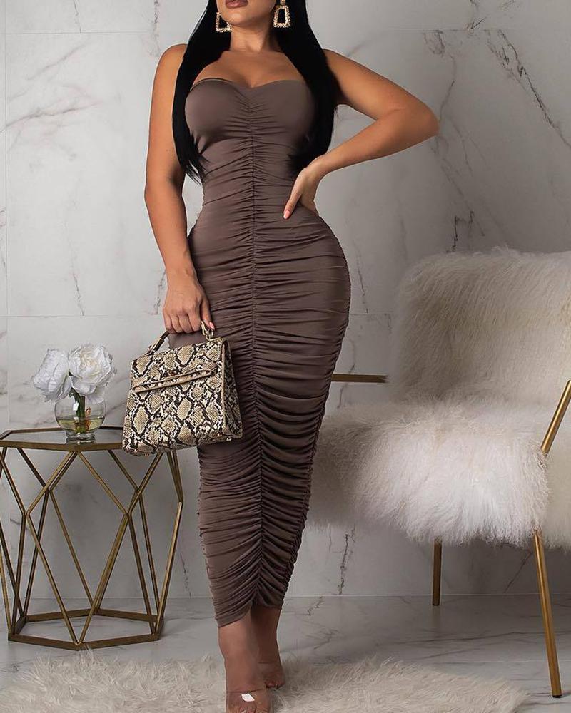 Outlet26 Tube Ruched Solid Midi Dress brown