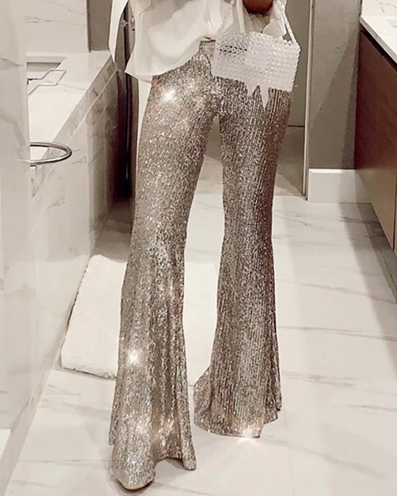 Outlet26 Glitter High Waist Bell-bottomed Sequins Pants silver