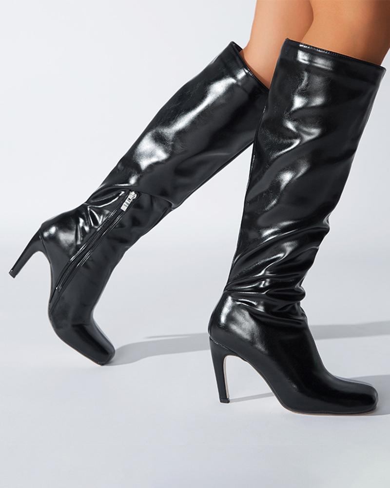 Square-toe Solid Color Lacquered Leather High Heel Long Boots