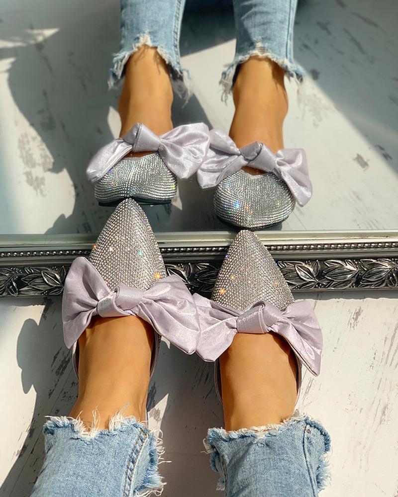 Bowknot Studded Pointed Toe Flat Shoes