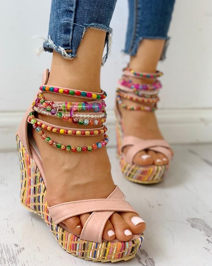 Colorful Beaded Platform Wedge Sandals