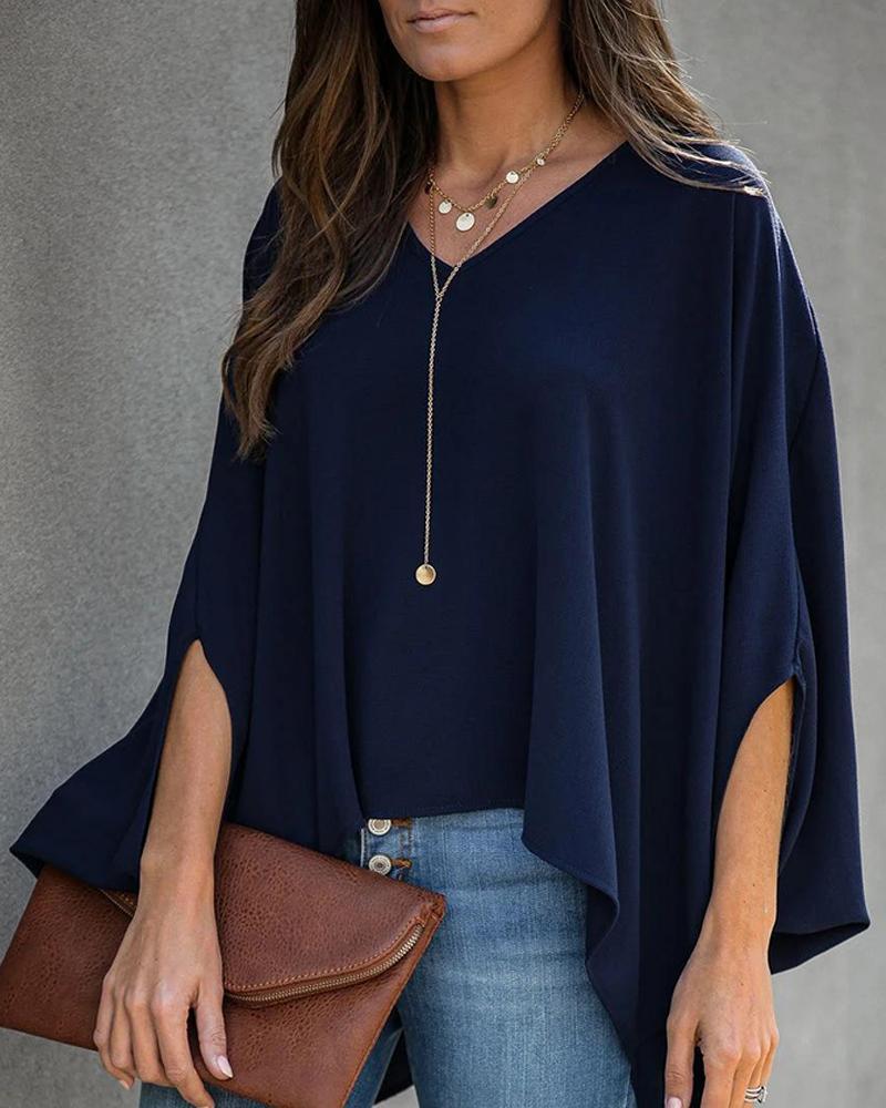 Solid V-neck Batwing Sleeve Blouse