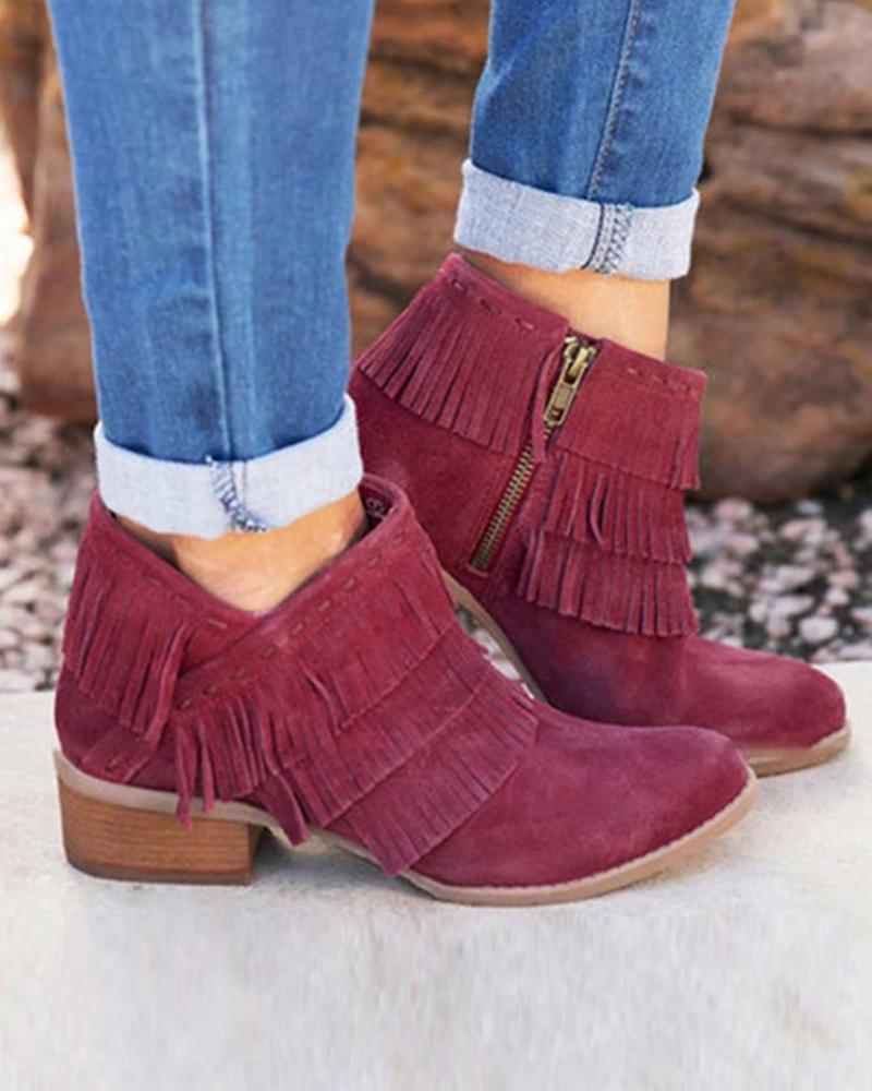 Outlet26 Side Zip Tassel Ankle Boots Wine red