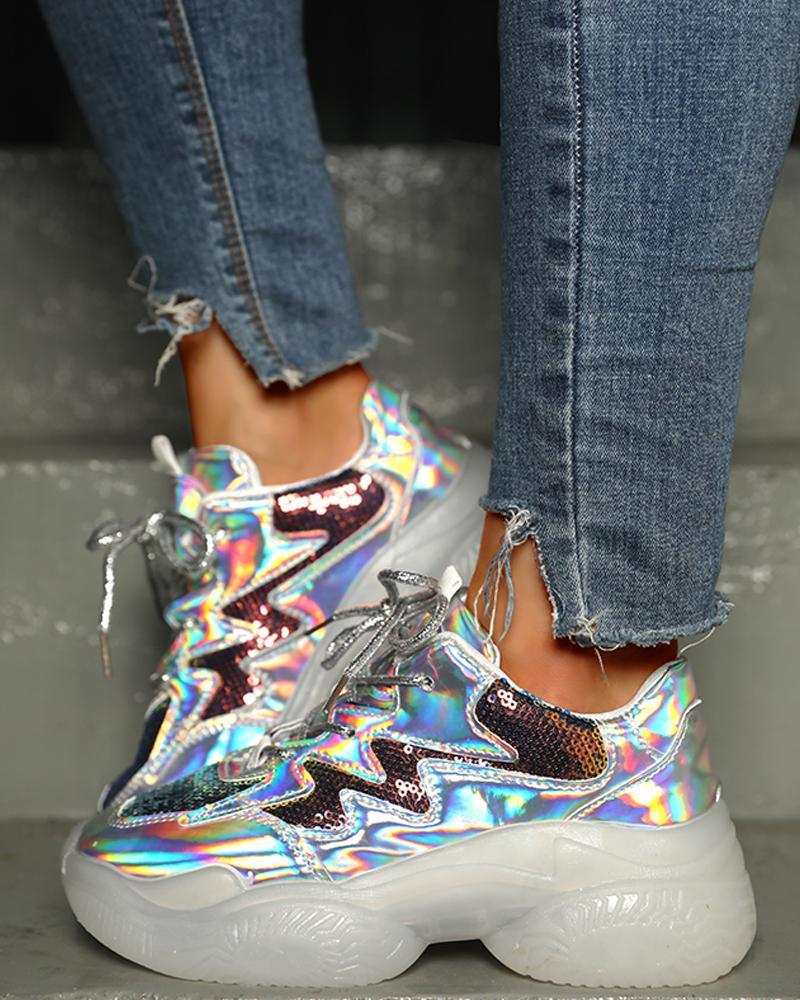 Laser Sequins Lace-Up Platform Casual Sneakers