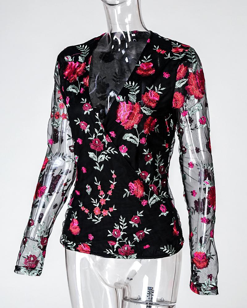 Mesh Floral Embroidery Plunge Blouse