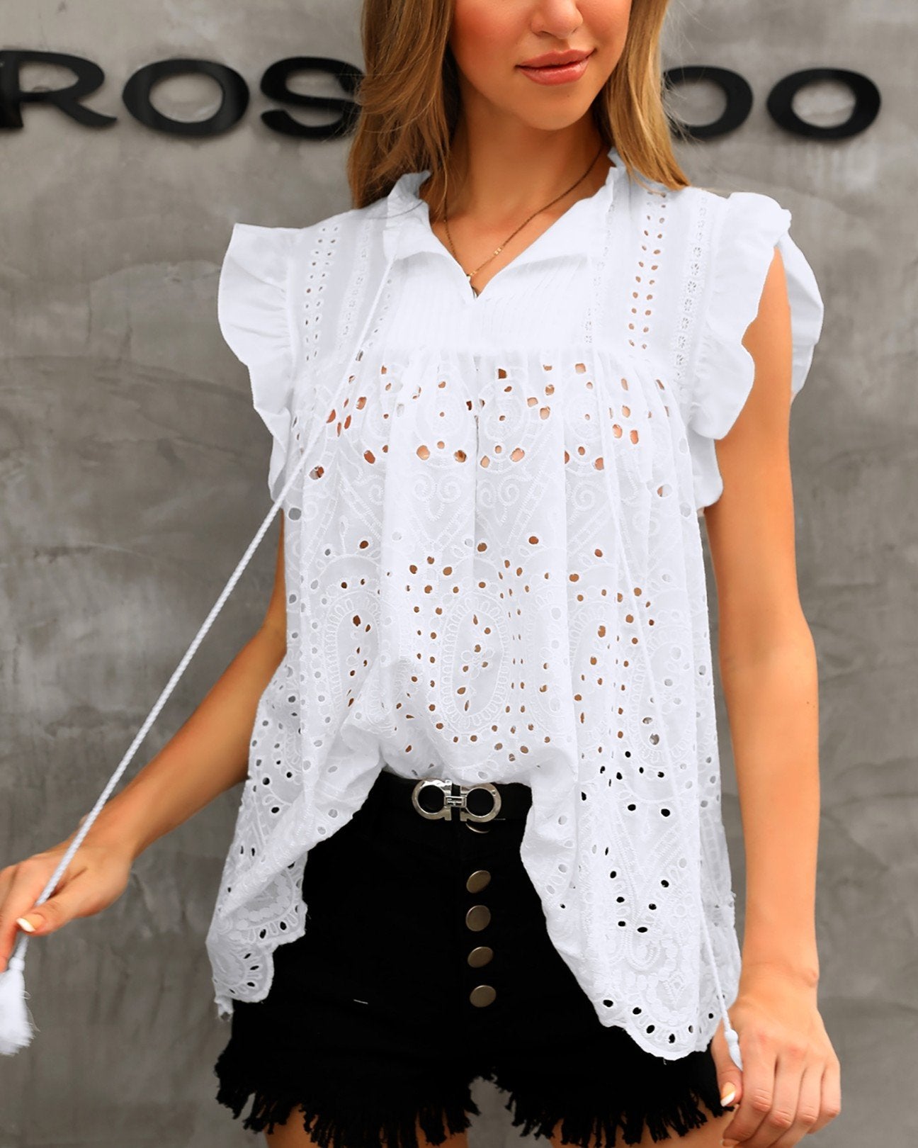 Outlet26 Solid Hollow Out Lace Flutter Sleeve Blouse white