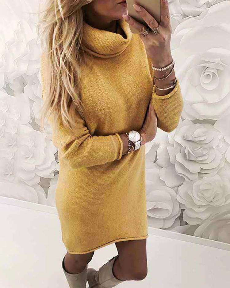 Outlet26 Turtle Neck Slim Fit Plain Sweater Dress yellow