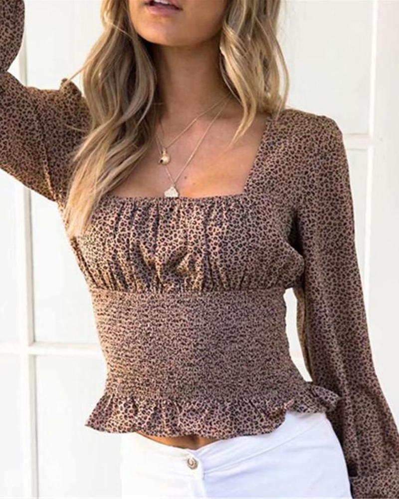 Leopard Square Neck Ruched Top