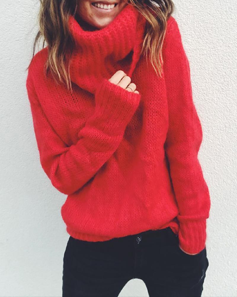 Solid High Neck Long Sleeve Casual Sweater