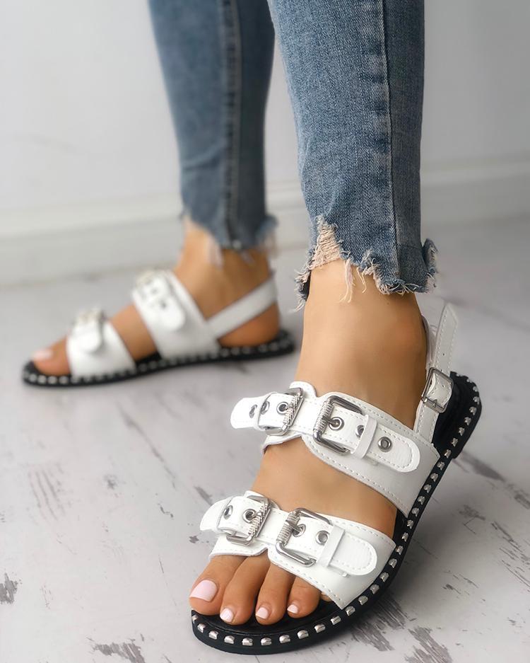 Outlet26 Double Buckle Design Peep Toe Flat Sandals white