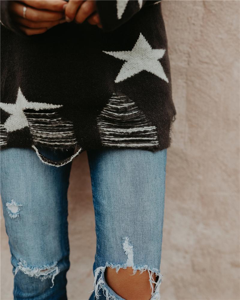 Star Off Shoulder Frayed Down Pullover Knit Sweater