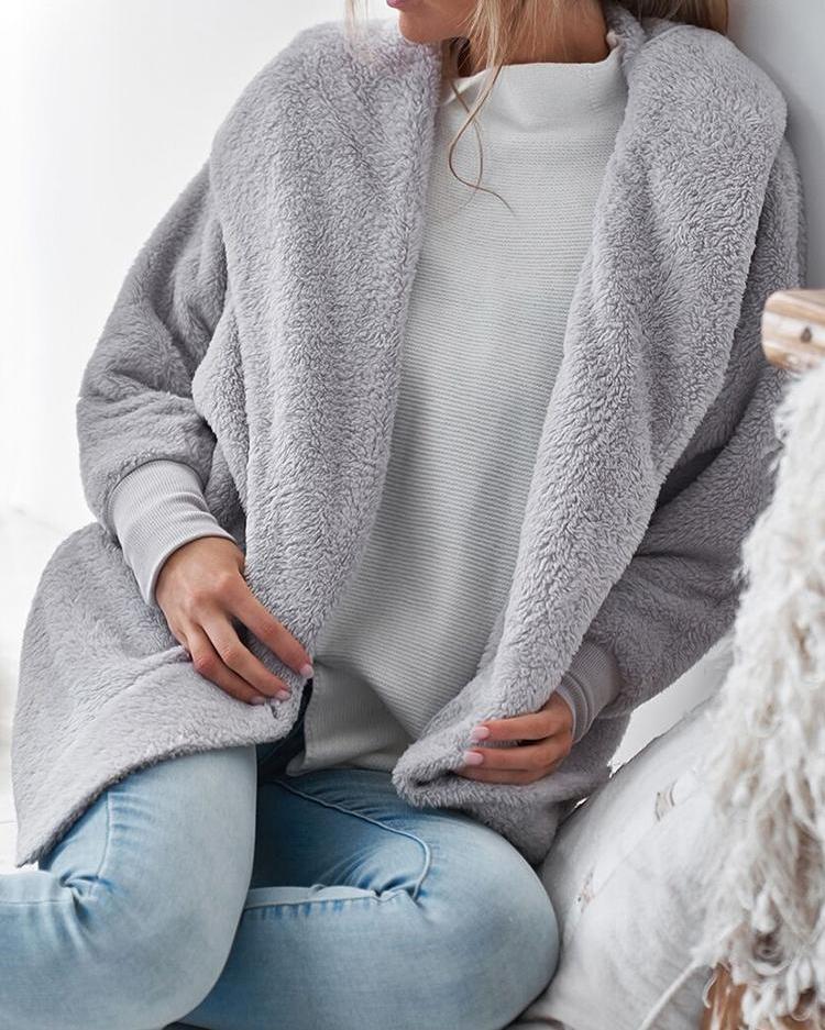 Fluffy Long Sleeve Open Front Hooded Coats