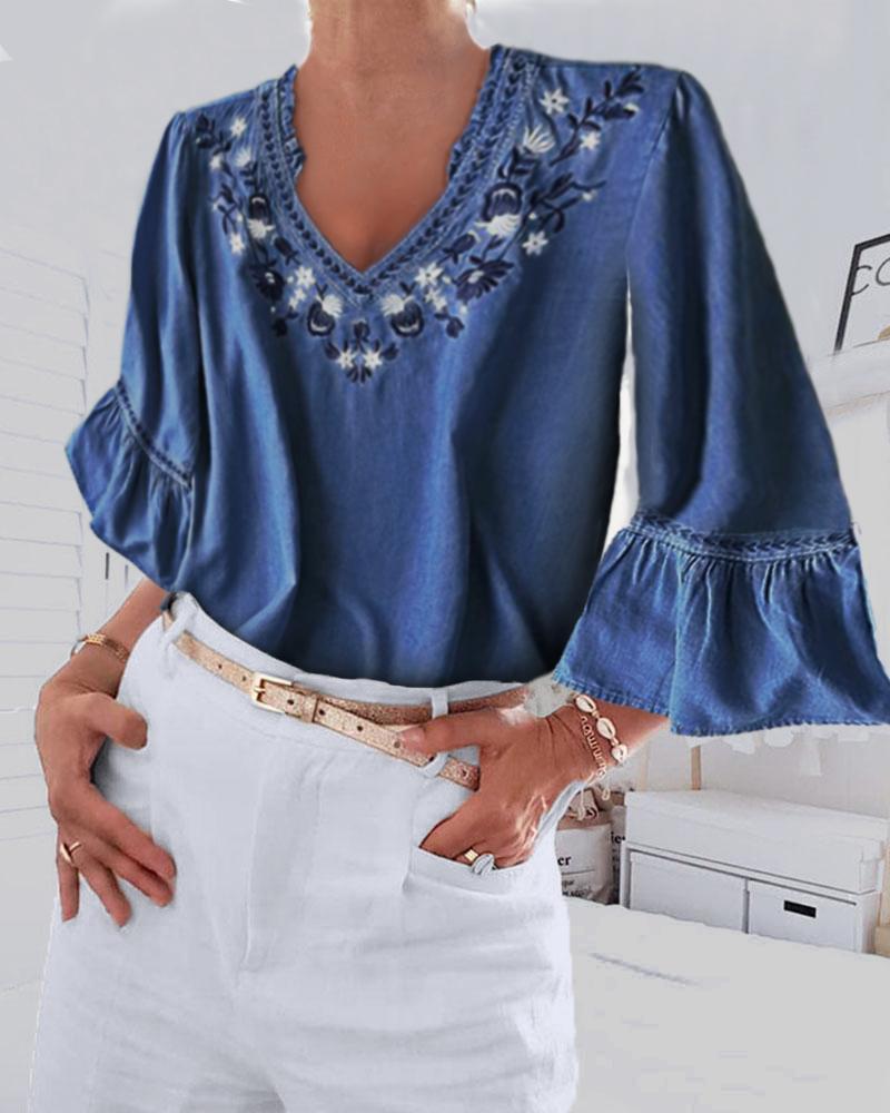 Denim Bell Sleeve Floral Embroidery Blouse