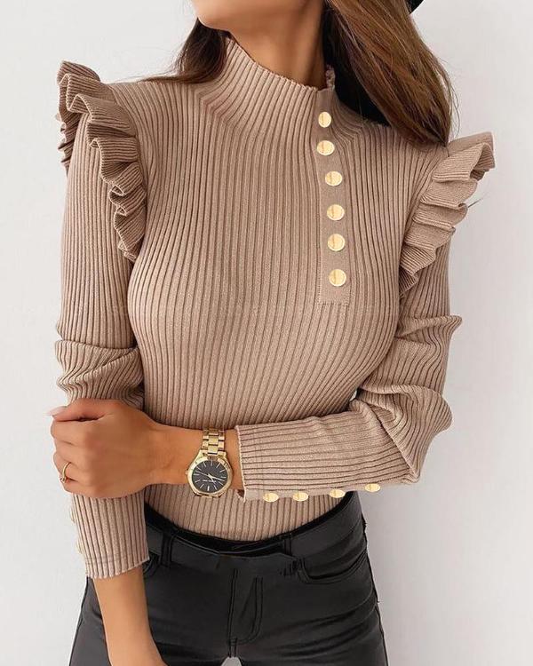 Beaded Cutout Ruffles Long Sleeve Sweater