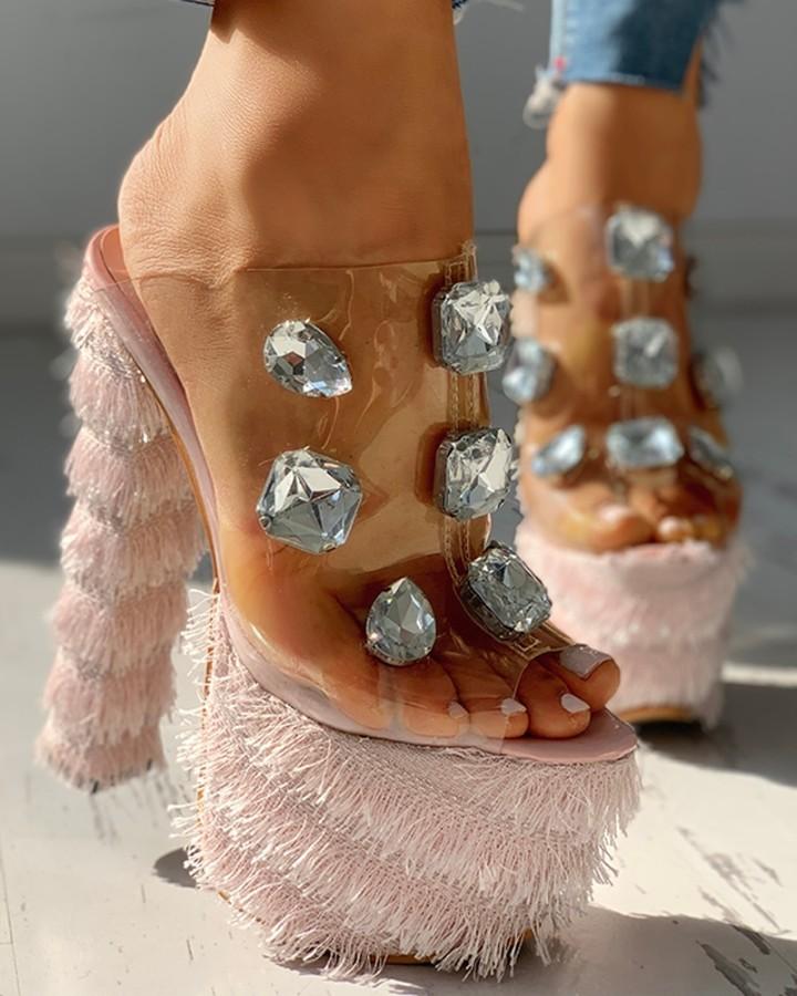 Fluffy Transparent Platform Chunky Heeled Sandals