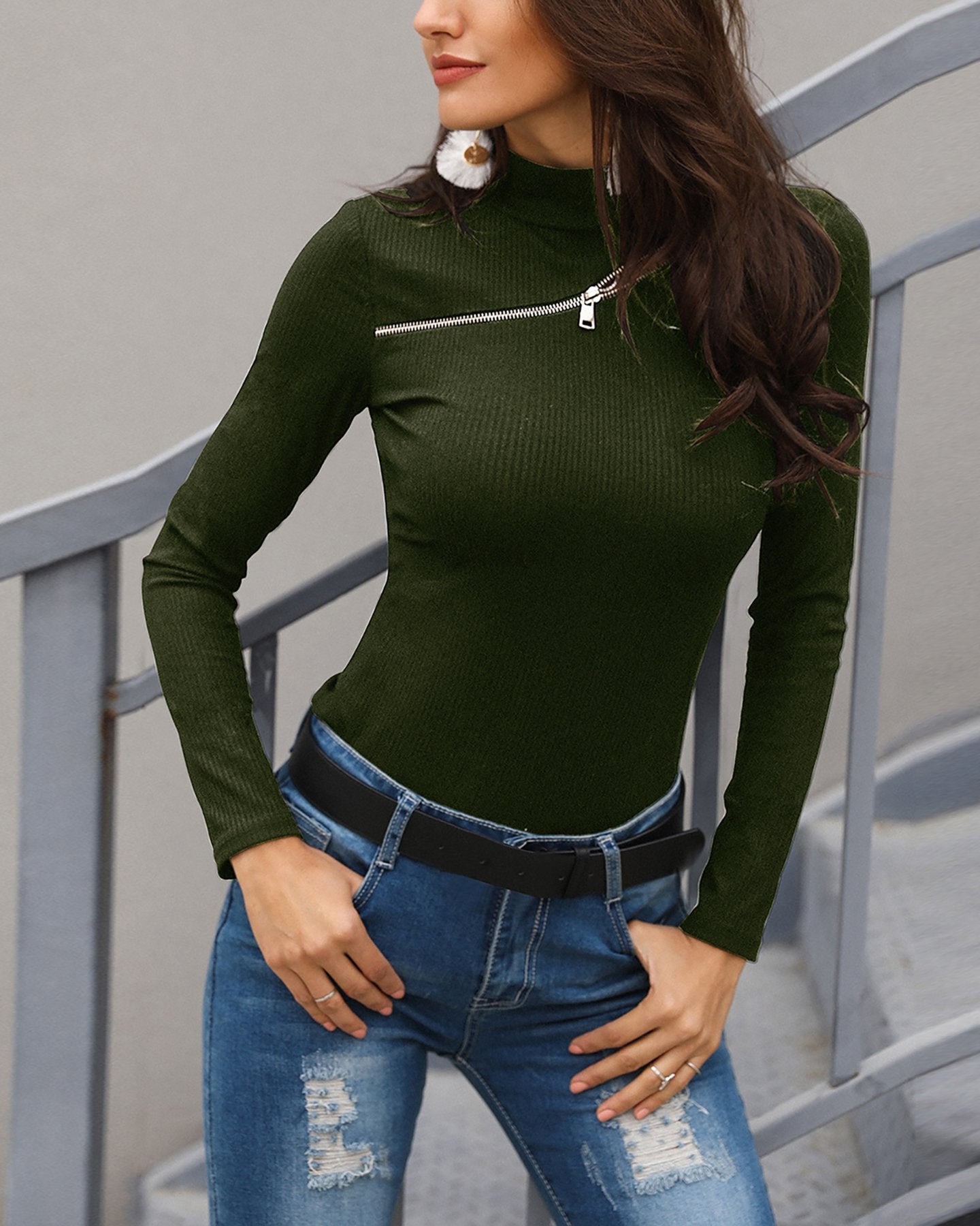 Zipper Design Cut Out Ribbed Sweater
