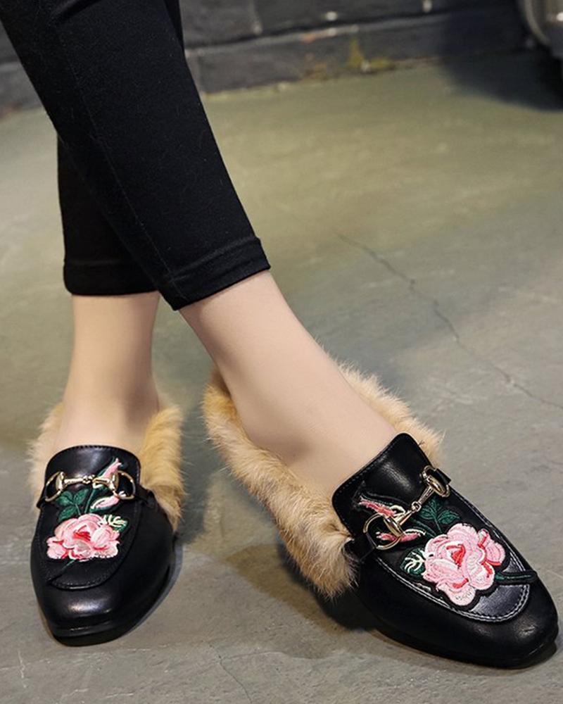 Faux Fur Slip On Embroidered Shoes